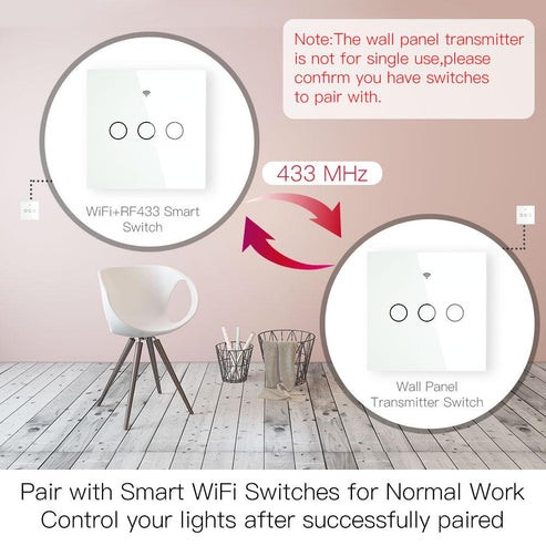 RF433 Smart Wireless Wall Switch - Glass Panel Touch Transmitter, Multi-Control Remote, EU Standard, No Wiring Needed, Compatible with Lights/Fans/Appliances (433MHz Frequency)
