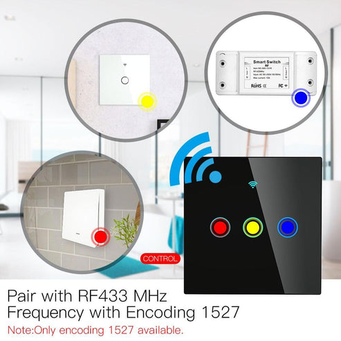 RF433 Smart Wireless Wall Switch - Glass Panel Touch Transmitter, Multi-Control Remote, EU Standard, No Wiring Needed, Compatible with Lights/Fans/Appliances (433MHz Frequency)