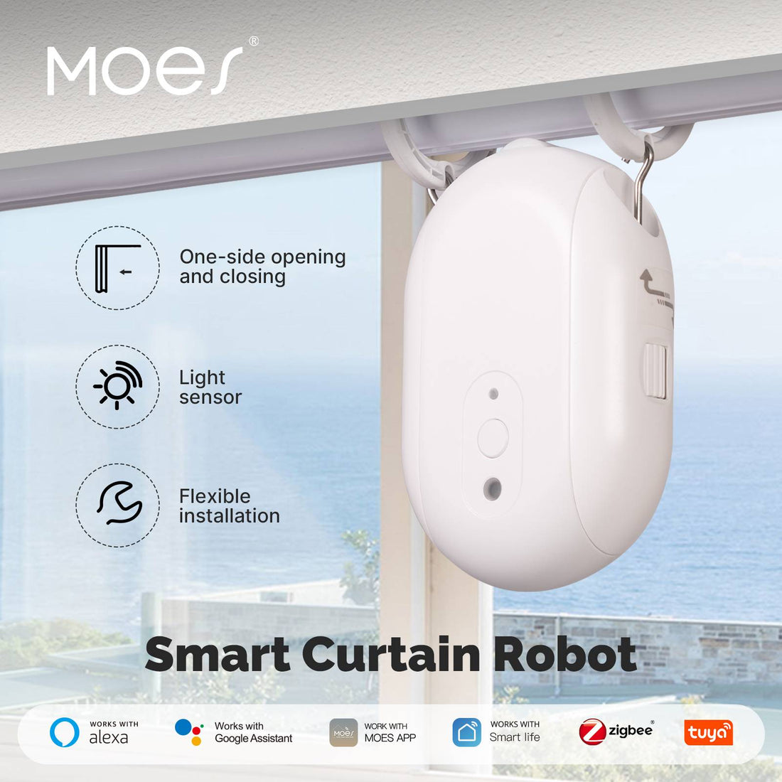Smart Electric Curtain Robot - Automatic Curtain Opener & Closer with Timer, App & Remote Control, Works with Alexa & Google Home, No Drill Installation, for Home & Office (White, 28-79in)