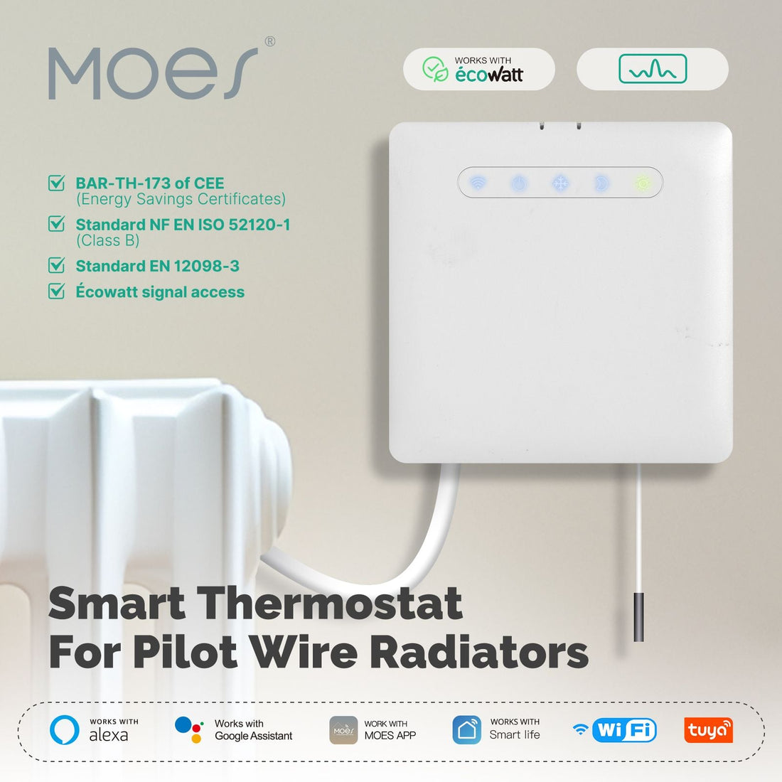Smart Thermostat for Pilot Wire Heating - WiFi/APP Control for Electric Radiators with Ecowatt Electricity Monitoring | Works with Alexa & Google Home | Energy Saving Programmable Temperature Controller