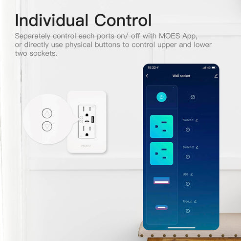 Smart WiFi USB Wall Outlet with Type-C & Type-A Ports - 15A In-Wall Plug Socket Receptacle, Works with Alexa/Google Home, No Hub Required, Fast Charging, 2.4GHz WiFi (Neutral Wire Required)