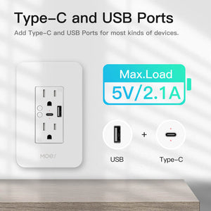 Smart WiFi USB Wall Outlet with Type-C & Type-A Ports - 15A In-Wall Plug Socket Receptacle, Works with Alexa/Google Home, No Hub Required, Fast Charging, 2.4GHz WiFi (Neutral Wire Required)