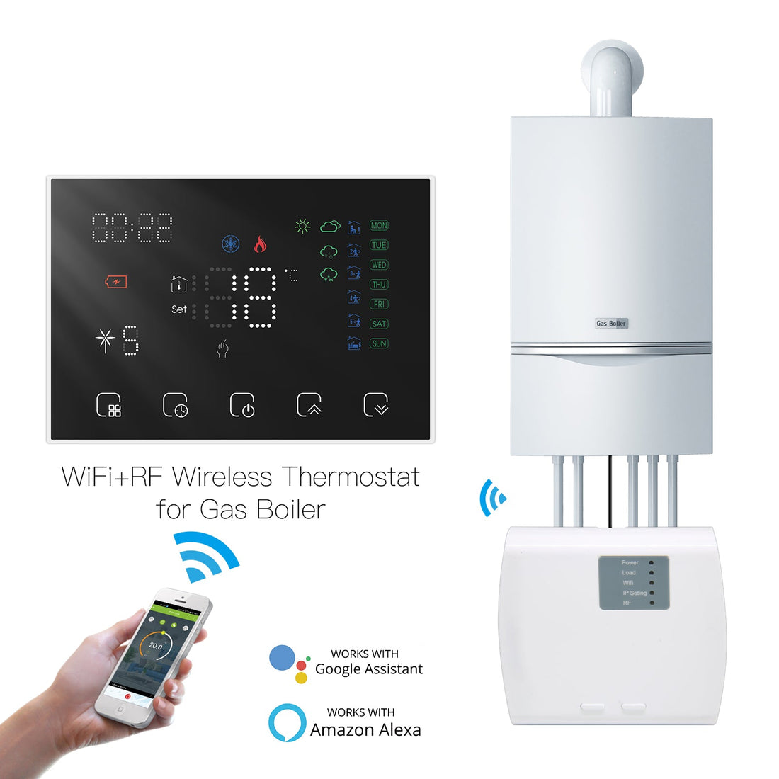 WiFi & RF Programmable Thermostat – Smart Wireless Temperature Controller for Water/Electric/Gas Boiler & Floor Heating, Works with Alexa/Google Home, Touchscreen, Energy Saving, Includes RF Receiver (24V)