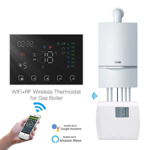 WiFi & RF Programmable Thermostat – Smart Wireless Temperature Controller for Water/Electric/Gas Boiler & Floor Heating, Works with Alexa/Google Home, Touchscreen, Energy Saving, Includes RF Receiver (24V)
