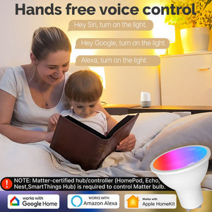 Tuya GU10 Matter Smart Bulb, 5W RGB+CCT Color Changing (2700K-6500K), WiFi & Matter Compatible, Works with Alexa/Google/HomeKit, Dimmable LED Spotlight, Voice & App Control, 16 Million Colors