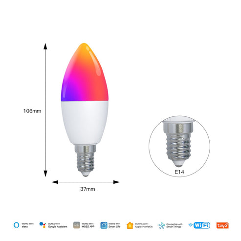 Tuya Matter Smart Bulb E14, RGB+CCT Color Changing (2700K-6500K), WiFi & Matter Compatible, Works with Alexa/Google/HomeKit, Dimmable Candle LED Light, Voice & App Control, 5W 16 Million Colors