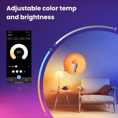 Tuya Matter Smart Bulb E14, RGB+CCT Color Changing (2700K-6500K), WiFi & Matter Compatible, Works with Alexa/Google/HomeKit, Dimmable Candle LED Light, Voice & App Control, 5W 16 Million Colors