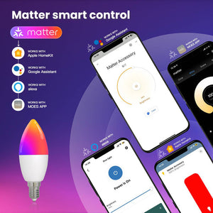 Tuya Matter Smart Bulb E14, RGB+CCT Color Changing (2700K-6500K), WiFi & Matter Compatible, Works with Alexa/Google/HomeKit, Dimmable Candle LED Light, Voice & App Control, 5W 16 Million Colors