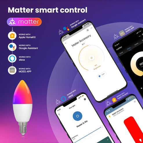 Tuya Matter Smart Bulb E14, RGB+CCT Color Changing (2700K-6500K), WiFi & Matter Compatible, Works with Alexa/Google/HomeKit, Dimmable Candle LED Light, Voice & App Control, 5W 16 Million Colors