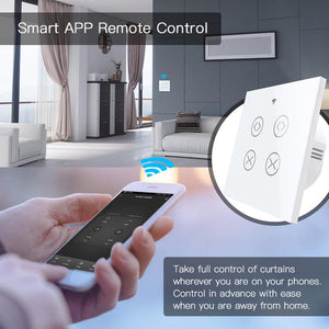 Smart WiFi RF433 2 Gang Curtain Switch - Double Blind Control, Single Pole, Neutral Wire Required, Works with Alexa/Google Home, Touch Panel, Remote & Voice Control, CE Certified (EU Version)