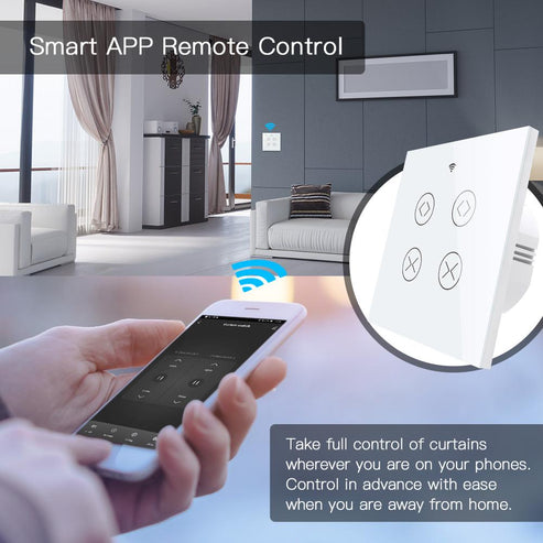 Smart WiFi RF433 2 Gang Curtain Switch - Double Blind Control, Single Pole, Neutral Wire Required, Works with Alexa/Google Home, Touch Panel, Remote & Voice Control, CE Certified (EU Version)