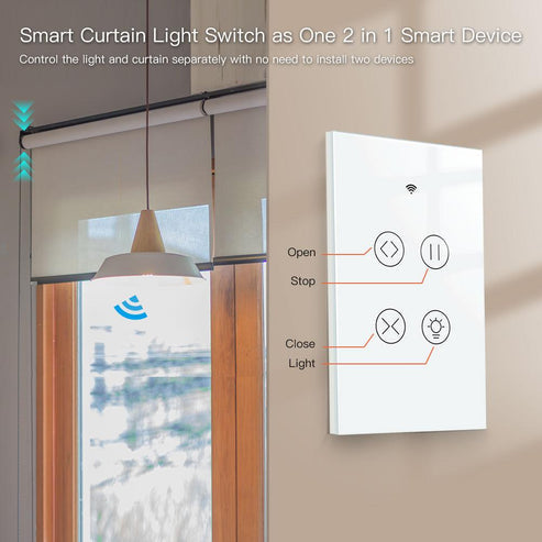 WiFi & RF433 Smart Curtain Light Switch - Glass Panel Touch Control for Motorized Curtains & Blinds, Single Pole, Neutral Wire Required, Works with Alexa/Google Home, US Standard (120V)