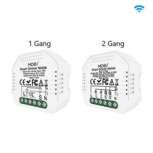 WiFi Smart Dimmer Switch Module - 2 Gang LED Dimmable Relay, Works with Alexa/Google Home, No Hub Required, DIY Installation, 0-100% Smooth Dimming, Smart Life/Tuya App (120-250V)