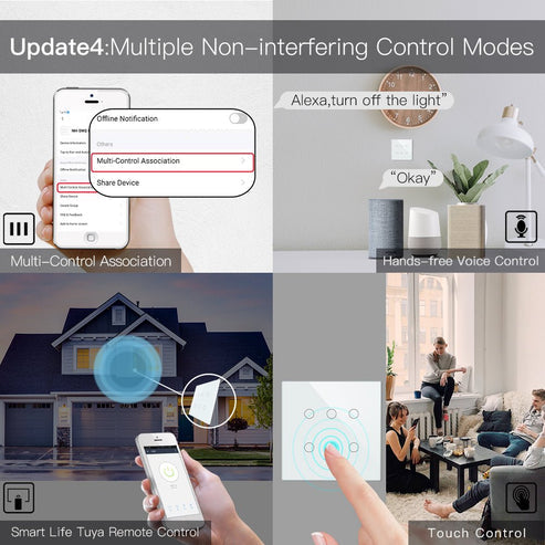 Smart WiFi + RF433 6 Gang Wall Touch Light Switch, 2-Way/3-Way Multi-Control, Neutral Wire Required, Works with Alexa & Google Home, Remote Control & Voice Command, Timer Function, CE Certified