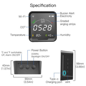 WiFi Smart 3-in-1 Air Quality Monitor - CO2 Carbon Dioxide Detector, Temperature & Humidity Sensor, Real-Time App Alerts, Works with Alexa, for Home, Office, Nursery, Classroom