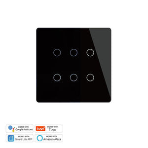Smart WiFi + RF433 6 Gang Wall Touch Light Switch, 2-Way/3-Way Multi-Control, Neutral Wire Required, Works with Alexa & Google Home, Remote Control & Voice Command, Timer Function, CE Certified
