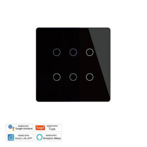 Smart WiFi + RF433 6 Gang Wall Touch Light Switch, 2-Way/3-Way Multi-Control, Neutral Wire Required, Works with Alexa & Google Home, Remote Control & Voice Command, Timer Function, CE Certified