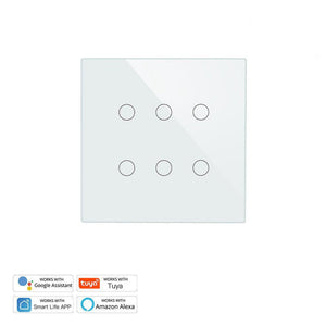 Smart WiFi + RF433 6 Gang Wall Touch Light Switch, 2-Way/3-Way Multi-Control, Neutral Wire Required, Works with Alexa & Google Home, Remote Control & Voice Command, Timer Function, CE Certified