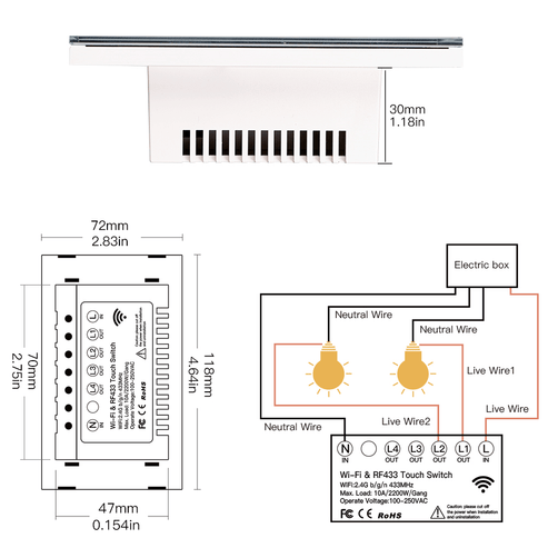 RF433 & WiFi Smart Light Switch - Glass Panel Touch Control, 3-Way Multi-Control, Neutral Wire Required, US Standard 120V, Works with Alexa/Google Home
