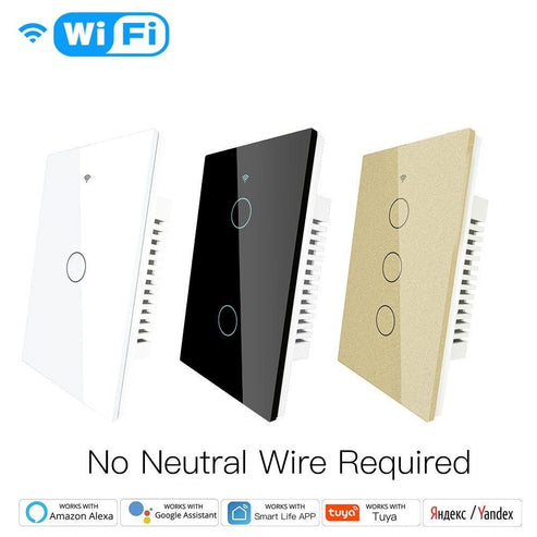 WiFi & RF433 Smart Light Switch - Touch Panel Wall Switch, Single Pole 1/2/3/4 Gang, Works with Alexa/Google Home, 220V US Version, No Neutral Wire Required, Remote Control