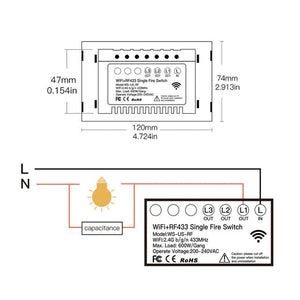 WiFi & RF433 Smart Light Switch - Touch Panel Wall Switch, Single Pole 1/2/3/4 Gang, Works with Alexa/Google Home, 220V US Version, No Neutral Wire Required, Remote Control