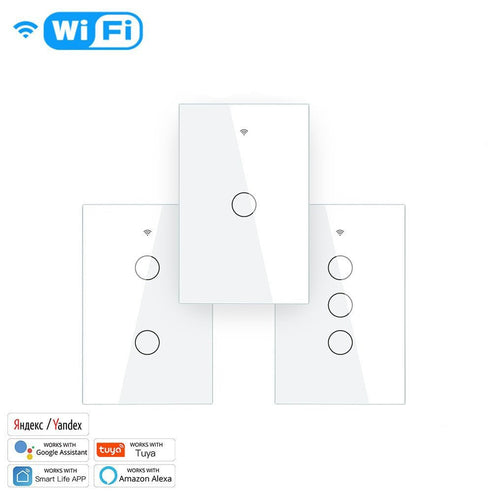 WiFi & RF433 Smart Light Switch - Touch Panel Wall Switch, Single Pole 1/2/3/4 Gang, Works with Alexa/Google Home, 220V US Version, No Neutral Wire Required, Remote Control