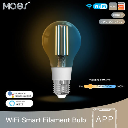 WiFi Smart Filament Bulb LED Light, E27 A60 7W Dimmable Edison Bulb, Works with Alexa & Google Home, 2700K-6500K Tunable White, Vintage Style Decorative Lighting, Voice & App Control, Energy Saving