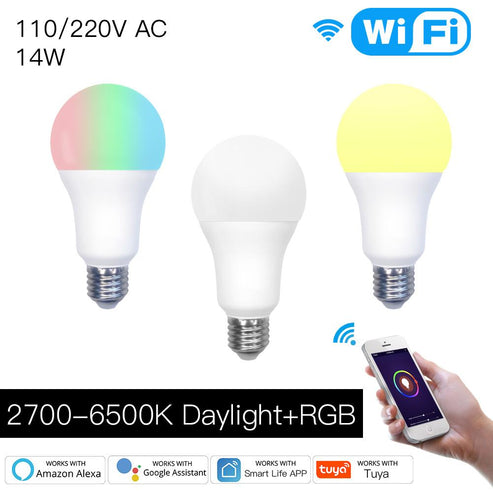 WiFi Smart LED Light Bulb, 14W RGB + CCT Color Changing Bulb, Dimmable, Compatible with Alexa & Google Home, Energy Saving, Timer Function, Works with Smartphone App, Voice Control, Soft White to Multicolor