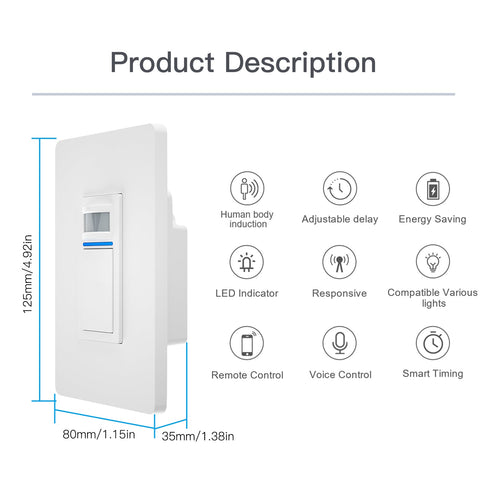 WiFi Smart Light Switch with Motion Sensor - PIR Motion Activated, Single Pole (Neutral Wire Required), Compatible with Alexa & Google Home, 110-125V, No Hub Needed, Auto On/Off for Hallway, Bathroom & Closet