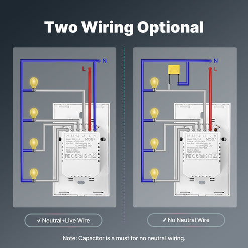 WiFi Smart Light Switch US - No Neutral Wire Required, Glass Touch Panel Wall Switch, Works with Alexa/Google/HomeKit, App & Voice Control, UL Certified