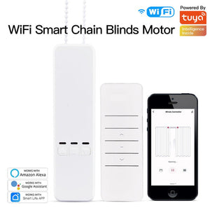 WiFi Smart Motorized Chain Roller Blinds – Electric Curtain Motor Drive with RF Remote & App Control – Compatible with Alexa, Google Home – Automatic Window Shades for Home Automation (White, 28-79in)