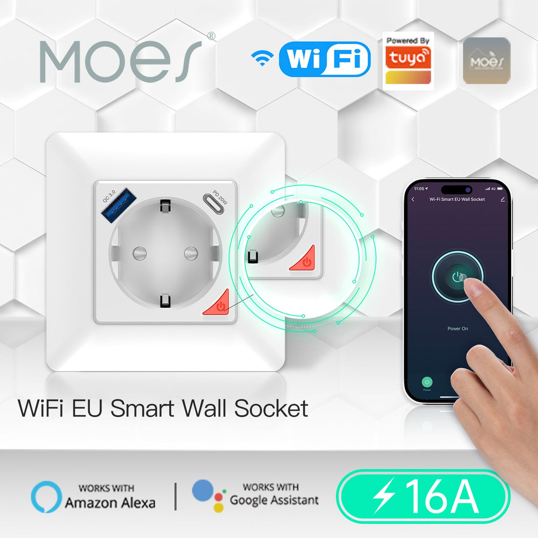 WiFi Smart Socket 16A EU - Power Outlet with Fast Charge USB Type-C, Works with Alexa/Google Home, No Hub Required, Energy Monitoring, Timer Function (2500W Max)