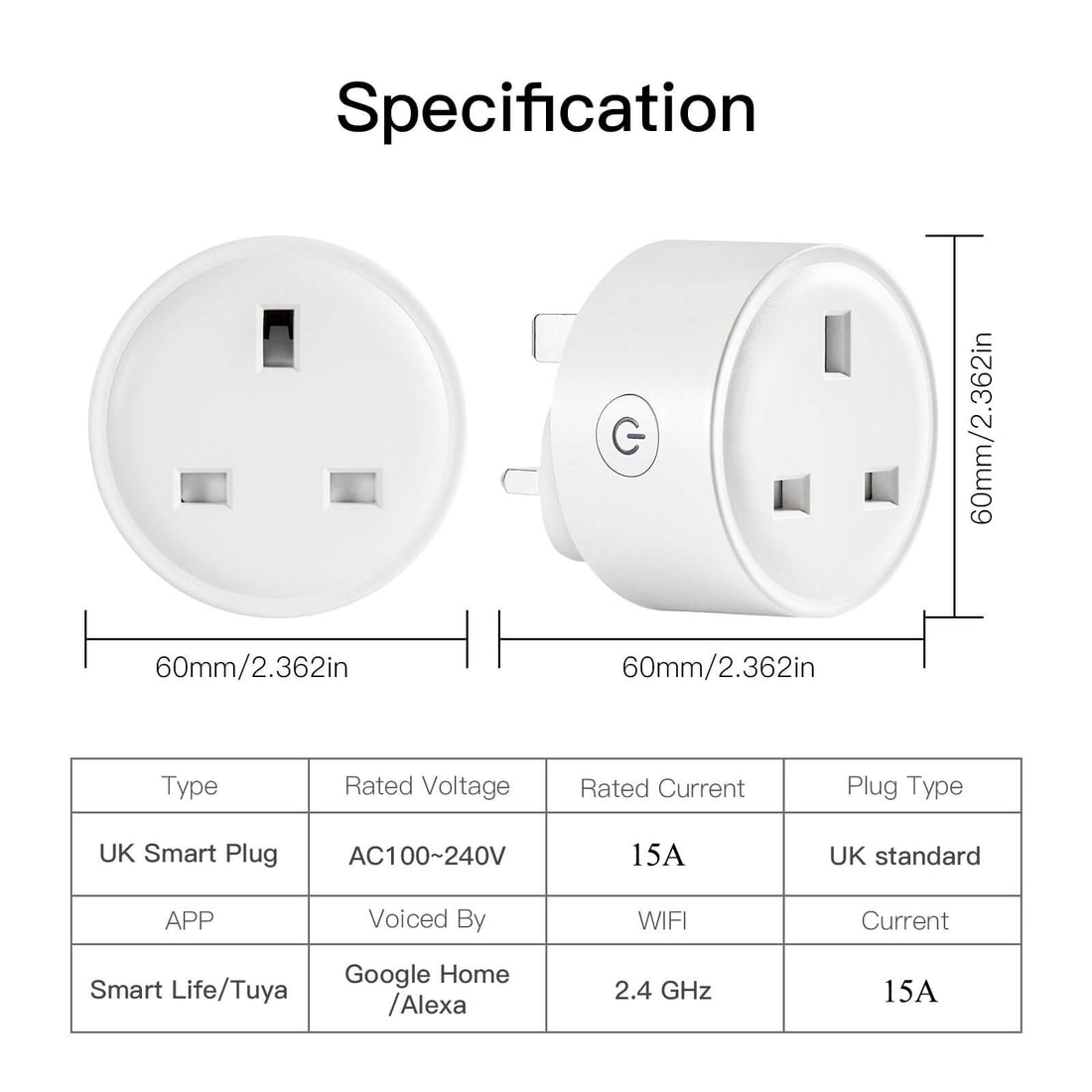 WiFi Smart Plug UK Version, Smart Socket with Energy Monitoring, Works with Alexa & Google Home, 15A/3680W, No Hub Required, Remote Control via App, Timer & Schedule, 2.4GHz WiFi Only