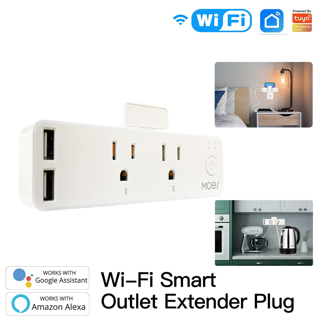 Smart WiFi US Outlet Extender - Multi Plug Power Strip with Shelf, Works with Alexa/Google Home, Adjustable Light Modes, Relay Status Indicator, No Hub Required, 15A/1875W (3 Outlets + 2 USB Ports)