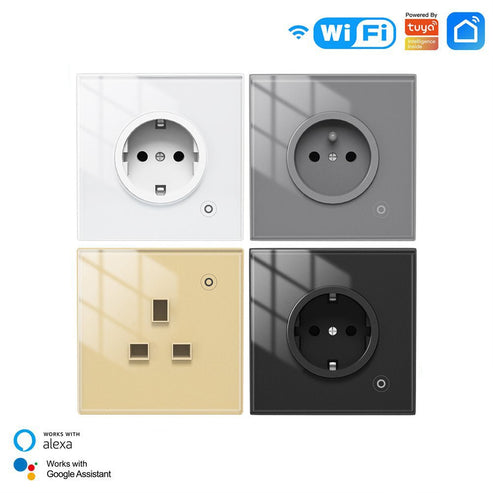 WiFi Smart Wall Socket with Glass Panel - EU Plug, Power Monitor, Touch Control, Relay Status Light, Works with Alexa/Google Home, Energy Tracking, Adjustable Modes (No Hub Required)