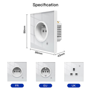WiFi Smart Wall Socket with Glass Panel - EU Plug, Power Monitor, Touch Control, Relay Status Light, Works with Alexa/Google Home, Energy Tracking, Adjustable Modes (No Hub Required)