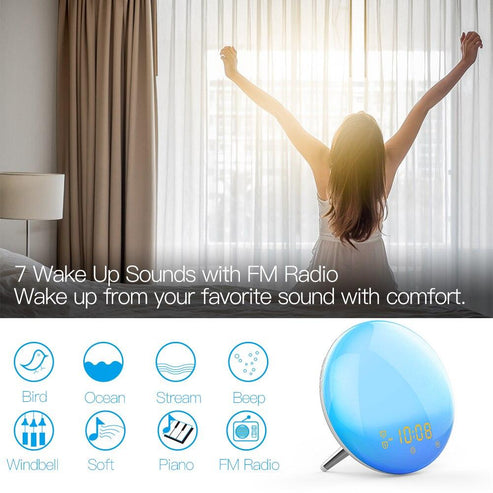 MOES WiFi Smart Alarm Clock with Sunrise Light & Natural Sounds, 7 Color Night Light, FM Radio, Bluetooth Speaker, Works with Alexa, Bedside Clock for Gentle Wake-Up & Sleep Aid