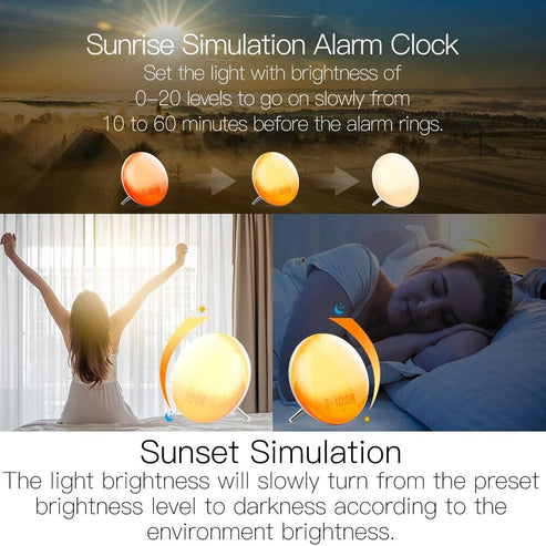 MOES WiFi Smart Alarm Clock with Sunrise Light & Natural Sounds, 7 Color Night Light, FM Radio, Bluetooth Speaker, Works with Alexa, Bedside Clock for Gentle Wake-Up & Sleep Aid