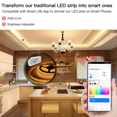 MOES ZigBee RGB+CCT LED Strip Light 16.4ft, Multicolor Tunable White Strip Lights, Smart LED Controller with Brightness Adjustment, Works with Alexa, Google Home, SmartThings, Home Assistant (Hub Required)