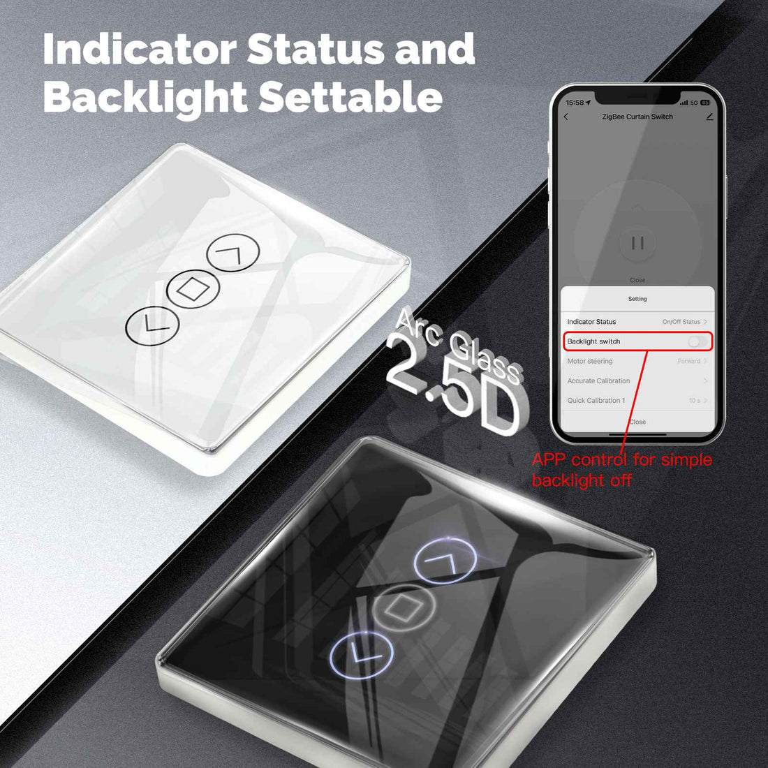 ZigBee & RF433 Smart Curtain Switch - 2.5D Arc Glass Touch Panel for Motorized Blinds/Shutters, Works with Alexa/Google Home, Hub Required, Timing & Remote Control, Neutral Wire Needed