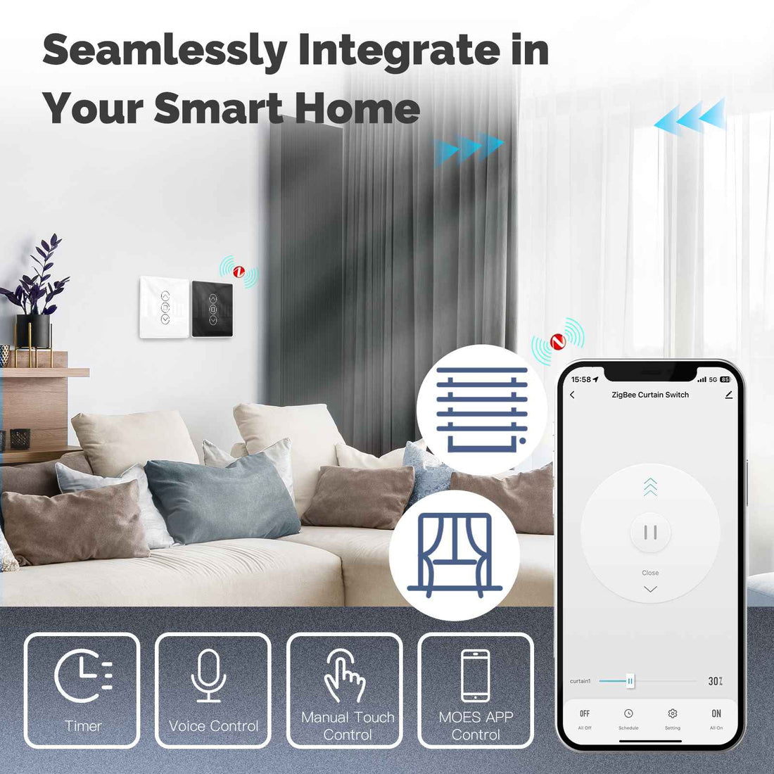 ZigBee & RF433 Smart Curtain Switch - 2.5D Arc Glass Touch Panel for Motorized Blinds/Shutters, Works with Alexa/Google Home, Hub Required, Timing & Remote Control, Neutral Wire Needed