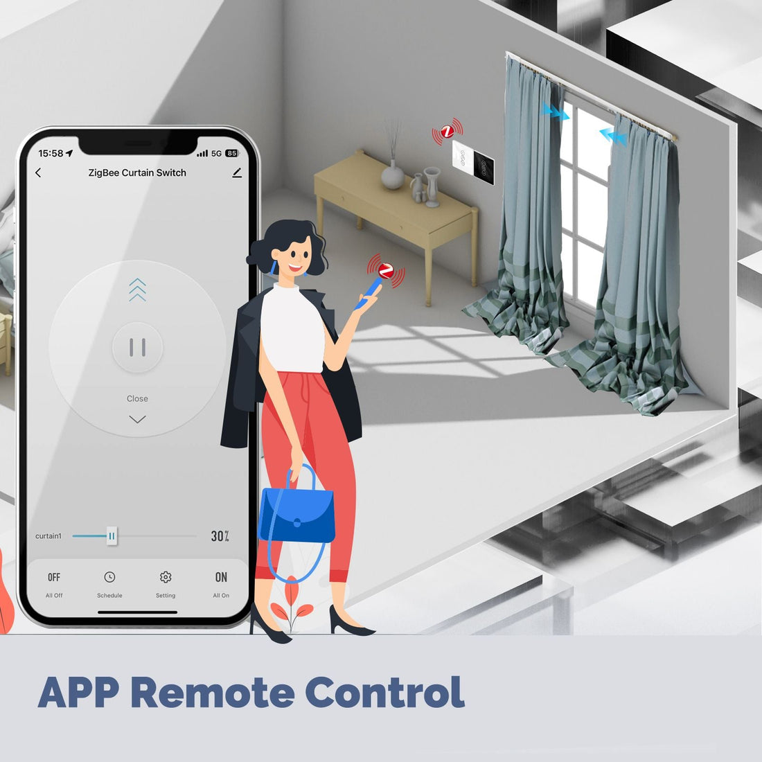 ZigBee & RF433 Smart Curtain Switch - 2.5D Arc Glass Touch Panel for Motorized Blinds/Shutters, Works with Alexa/Google Home, Hub Required, Timing & Remote Control, Neutral Wire Needed