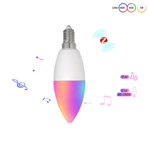 ZigBee Smart E14 Candle Bulb, 5W RGBCCT Color Changing (2200K-6500K), Dimmable LED Light, Works with Alexa & Google Home, Voice Control, Candelabra Bulb for Chandeliers & Lamps, Tunable White + RGB