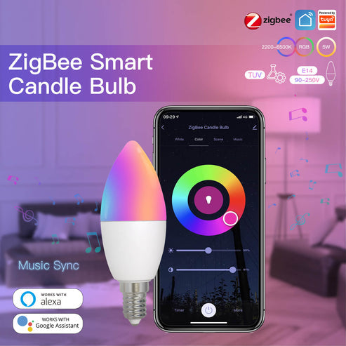 ZigBee Smart E14 Candle Bulb, 5W RGBCCT Color Changing (2200K-6500K), Dimmable LED Light, Works with Alexa & Google Home, Voice Control, Candelabra Bulb for Chandeliers & Lamps, Tunable White + RGB