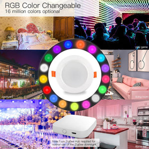 MOES ZigBee Smart Downlight, Round Recessed RGB+CCT (2700K-6500K), Dimmable LED Spot Light, Works with Alexa/Google/SmartThings, Party Lighting, 5W/7W, Voice & App Control