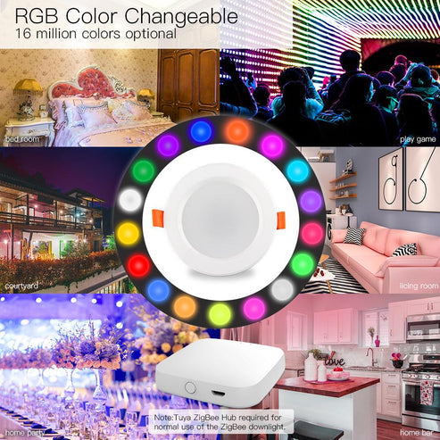 MOES ZigBee Smart Downlight, Round Recessed RGB+CCT (2700K-6500K), Dimmable LED Spot Light, Works with Alexa/Google/SmartThings, Party Lighting, 5W/7W, Voice & App Control