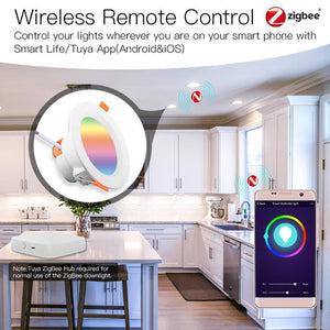 MOES ZigBee Smart Downlight, Round Recessed RGB+CCT (2700K-6500K), Dimmable LED Spot Light, Works with Alexa/Google/SmartThings, Party Lighting, 5W/7W, Voice & App Control