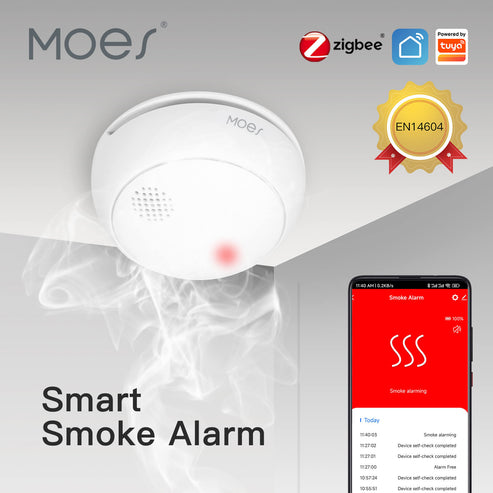 ZigBee Smart Smoke Detector - Wireless Fire Alarm with 85dB Sound & App Alerts, Works with Alexa, Google Home, SmartThings, Tuya, Battery-Powered, CE Certified, for Home & Kitchen Safety